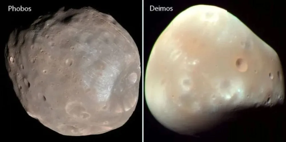 The cratered surface of phobos (Left) compared to the smooth surface of Deimos (right). Hera showed us that while Deimos appears smooth, it's actually cratered, but many of its craters are underneath a layer of regolith. Image Credit: NASA/JPL/MRO