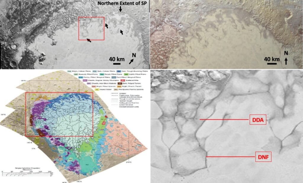 A tour of the convected areas of Pluto's Sputnik Planitia (SP). The northern and eastern portions of Sputnik Planitia; north is to the top. Upper left panel: panchromatic image of SP; arrows point to representative convection cells on the surface. Upper right panel: color image of SP; the direction of north is shown, along with a scale bar in each of these panels. Lower left panel: geological map; the red rectangle box here indicates the region where the upper panels lie. Lower right panel: inset taken from the red boxed area in the upper left panel showing convection cells and callouts for a typical diffuse dark apron (DDA) and a typical dark, narrow feature (DNF). Credit: Stern, et al. 2026