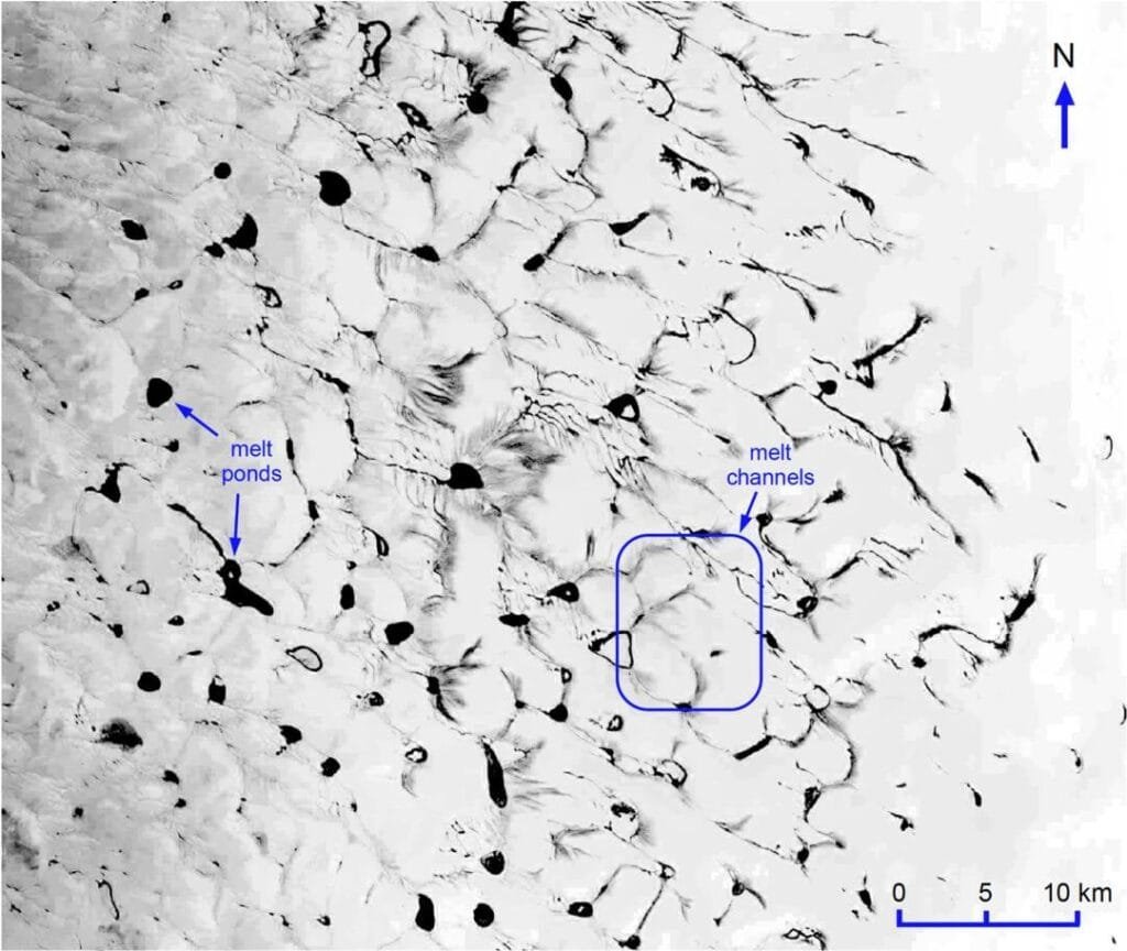 Meltwater channels and ponds on the Greenland ice sheet (Landsat 9 image provided by J. M. Miller, CERES, University of Colorado).