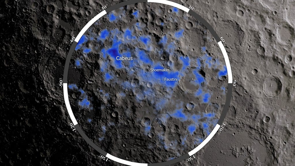 A map of possible lunar water deposits around the south pole region of the Moon. Courtesy: Chandrayaan mission. Credit: ISRO.