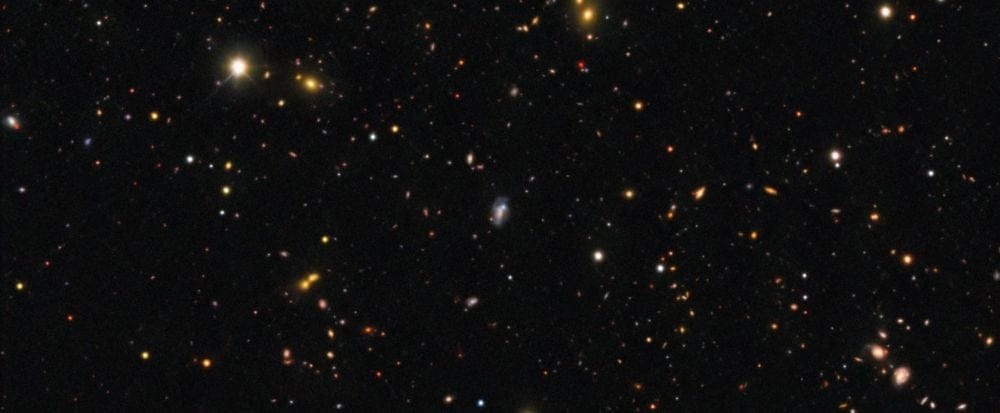 This image shows the field around supernova SN 2026gzf, detected via an X-ray flash captured by the Einstein Probe on 21 March 2026. The supernova appears as a bright blue dot within the galaxy at the center of the image. The image was captured with the 570-megapixel Dark Energy Camera (DECam), mounted on the NSF Víctor M. Blanco 4-meter Telescope at Cerro Tololo Inter-American Observatory (CTIO) in Chile. Image Credit: CTIO/NOIRLab/DOE/NSF/AURA