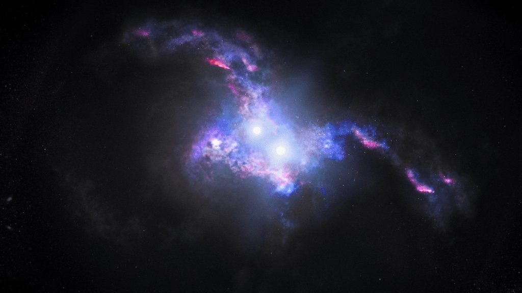 Illustration showing quasars coming together in merging galaxies. Credit: NASA