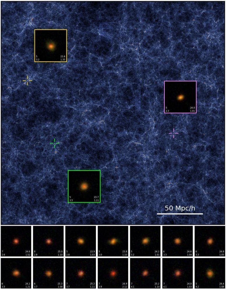This figure shows a slice from ASTRID at z=5. It also shows false-colour Little Red Dots (LRD) from Astrid. The LRDs are another puzzling finding from the JWST, and may be the seeds of supermassive black holes. Image Credit: Zhou et al. 2026. ApJ