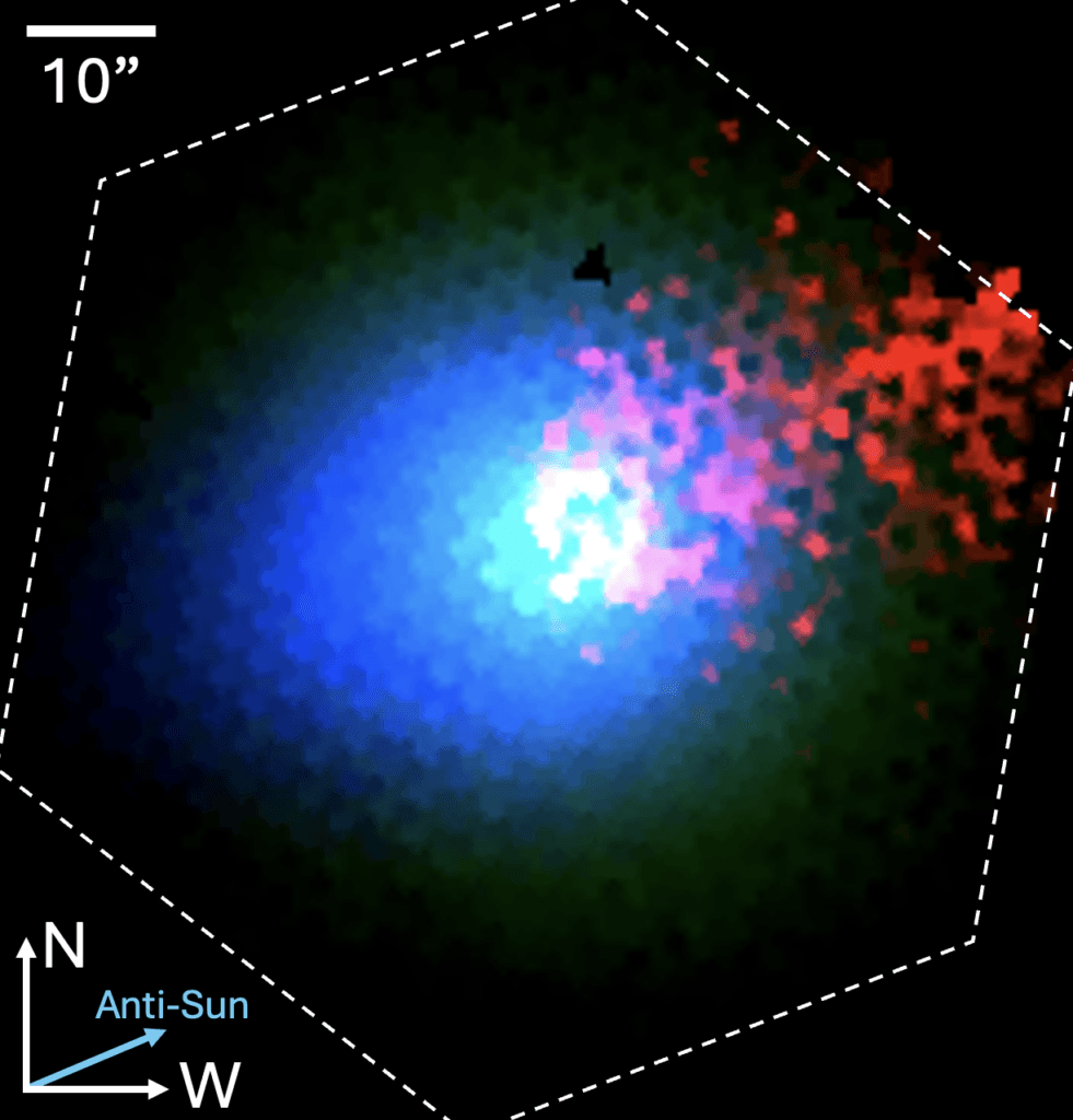 This figure illustrates the different distributions of dust (blue), gas (green), and ions (red) in 3I/Atlas. Credit: Lea Ferellec (CC BY 4.0)