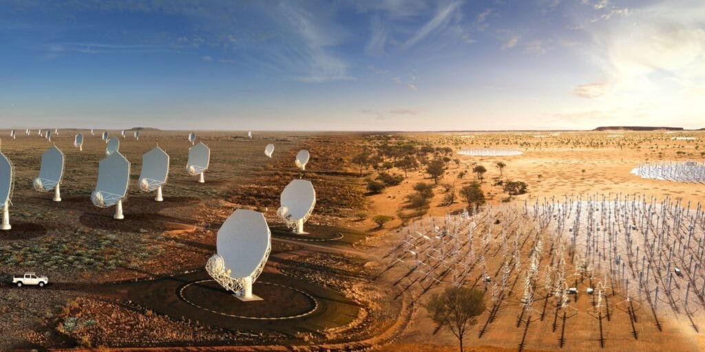 Artist's impression of the MeerKAT telescope dishes in South Africa and the Inyarrimanha Ilgari Bundara (MRAO) in Western Australia. Credit: SKAO