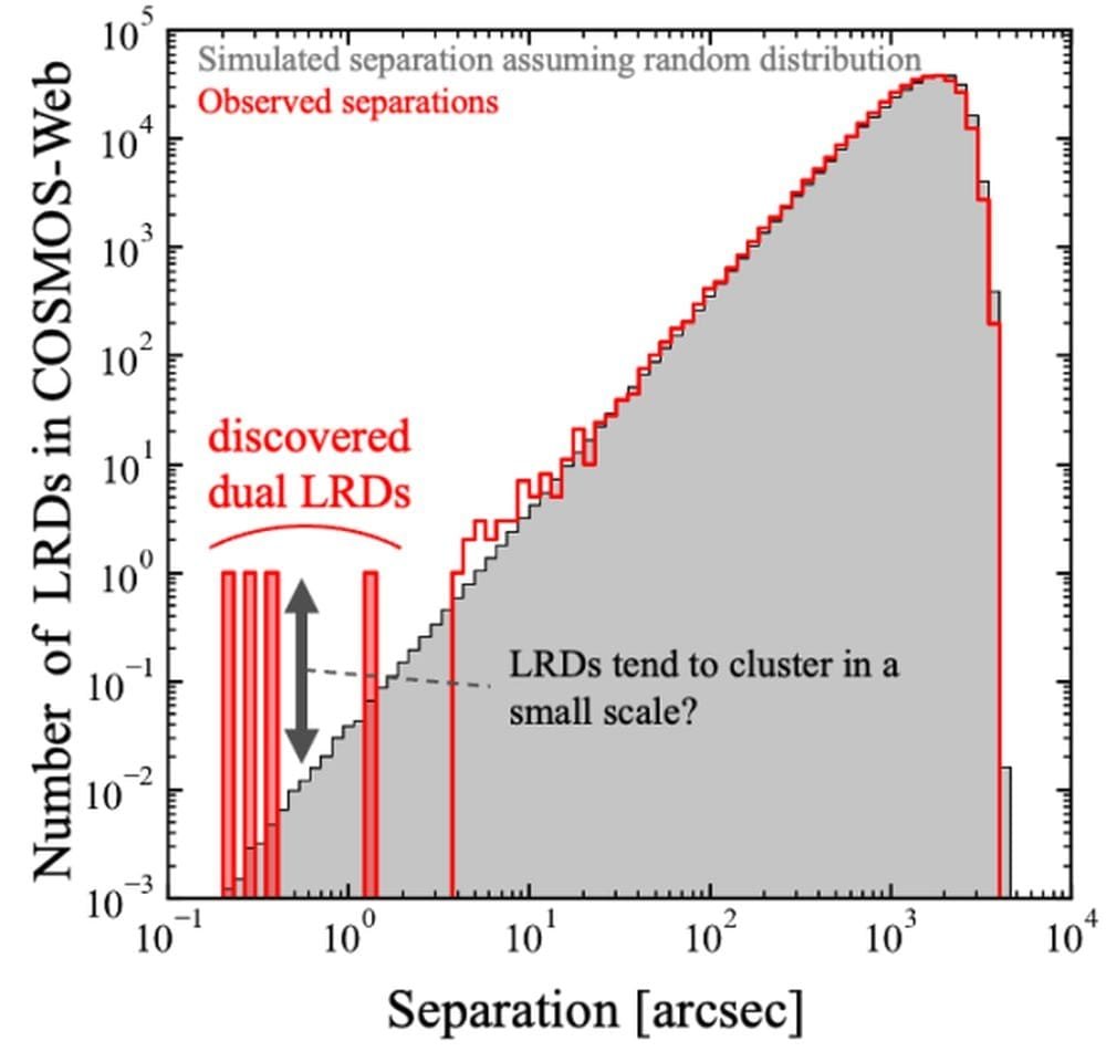 This histogram shows the angular separation between LRDs on the celestial sphere. The discovery is significant and can't be random. Assuming a random distribution, the probability of finding two LRDs with the angular separation observed in this study would be extremely low. (Credit: Tanaka et al. 2026, PASJ)