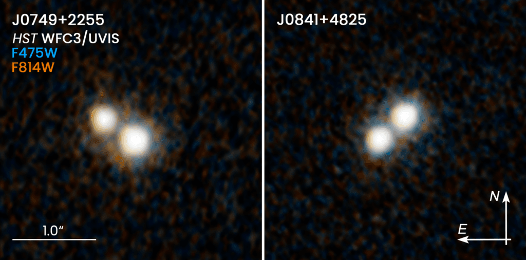 These two Hubble images reveal two pairs of quasars that existed 10 billion years ago and reside at the hearts of merging galaxies. Each of the four quasars resides in a host galaxy. Credit: NASA/ESA/STScI