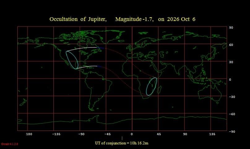 The visibility footprint for the October 6th occultation of Jupiter by the Moon. Credit: IOTA.