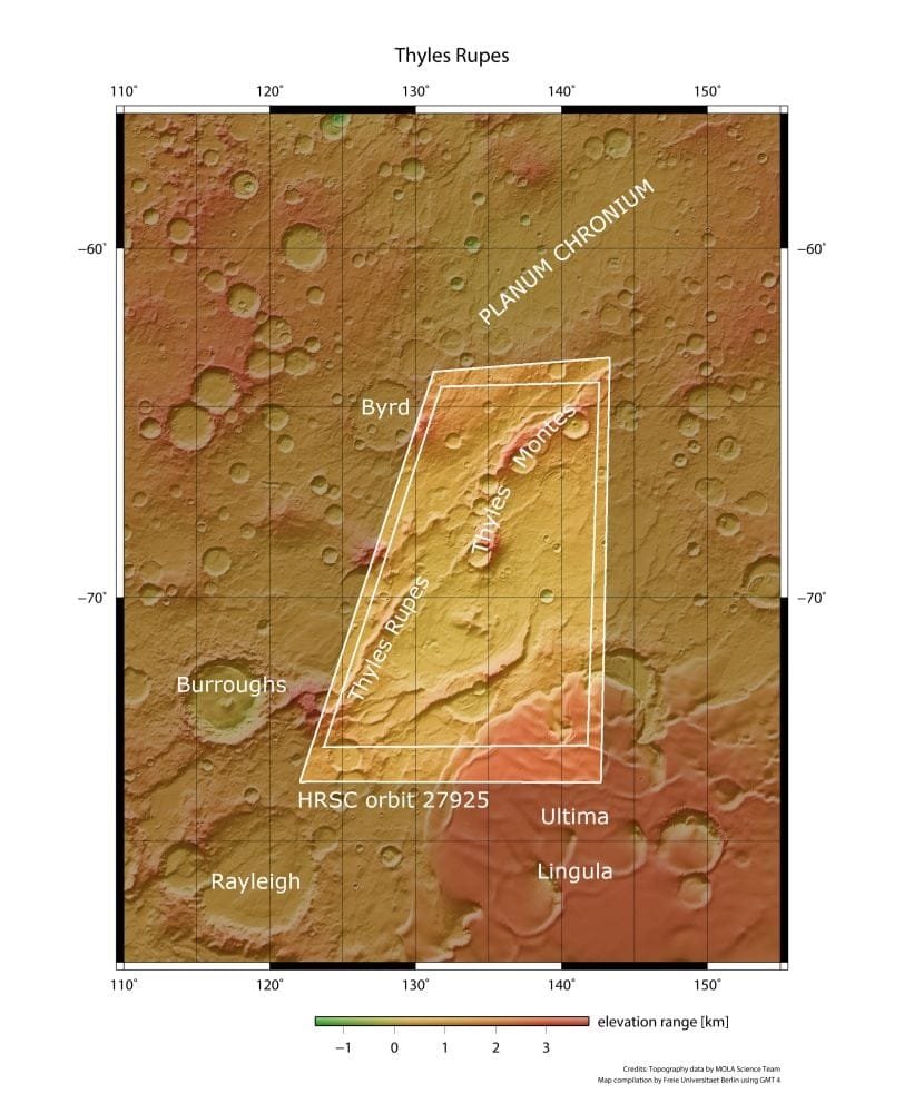 This image shows Thyles Rupes in context. Ultima Lingula, in the lower right, is about 550 km in diameter. Lingula means 'little tongue' in Latin, and in astrogeology, it classifies a plateau-like structures that ends in rounded, lobed shapes. Burroughs crater is named after author Edgar Rice Burroughs and is about 100 km in diameter. Image Credit: NASA/USGS. Licence: ESA Standard Licence