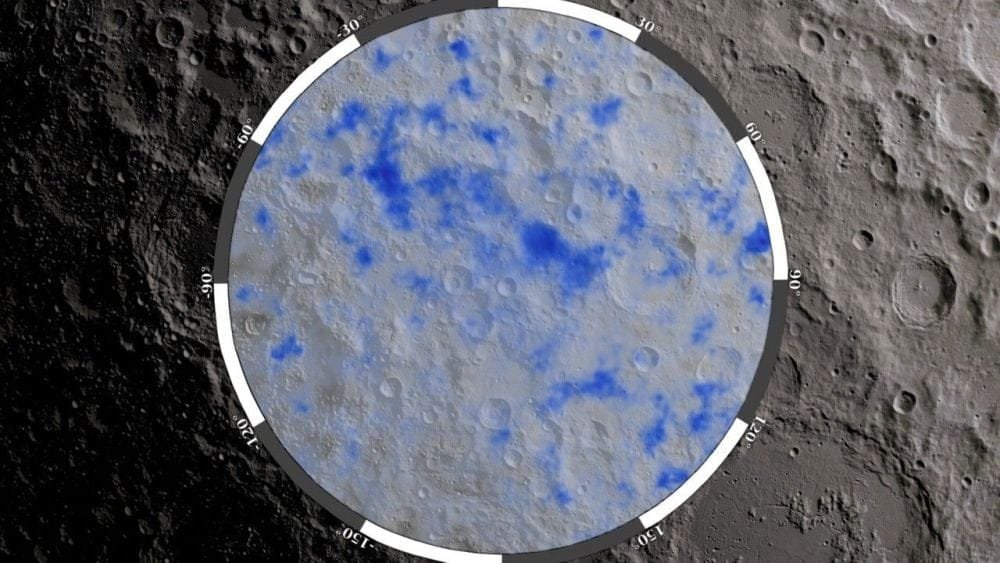 The blue areas show potential water ice deposits at the Moon's south pole. Image Credit: NASA.