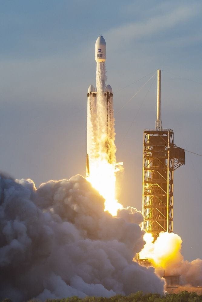 A Falcon Heavy rocket lifting off from the Kennedy Space Center on August 30th, 2026, carrying the Nancy Grace Roman Space Telescope. Image Credit: NASA.