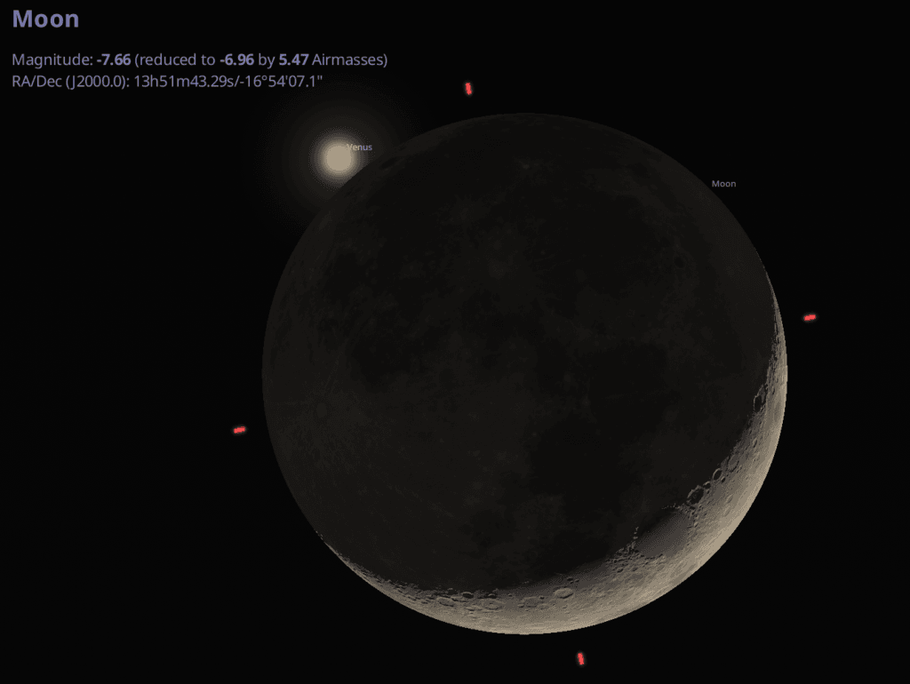 Venus meets the Moon on the 14th. Credit: Stellarium.
