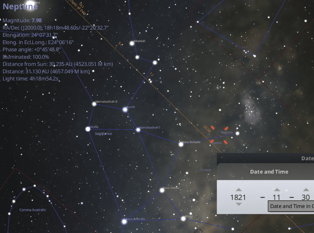 Uranus versus Neptune in 1821. Credit: Stellarium.