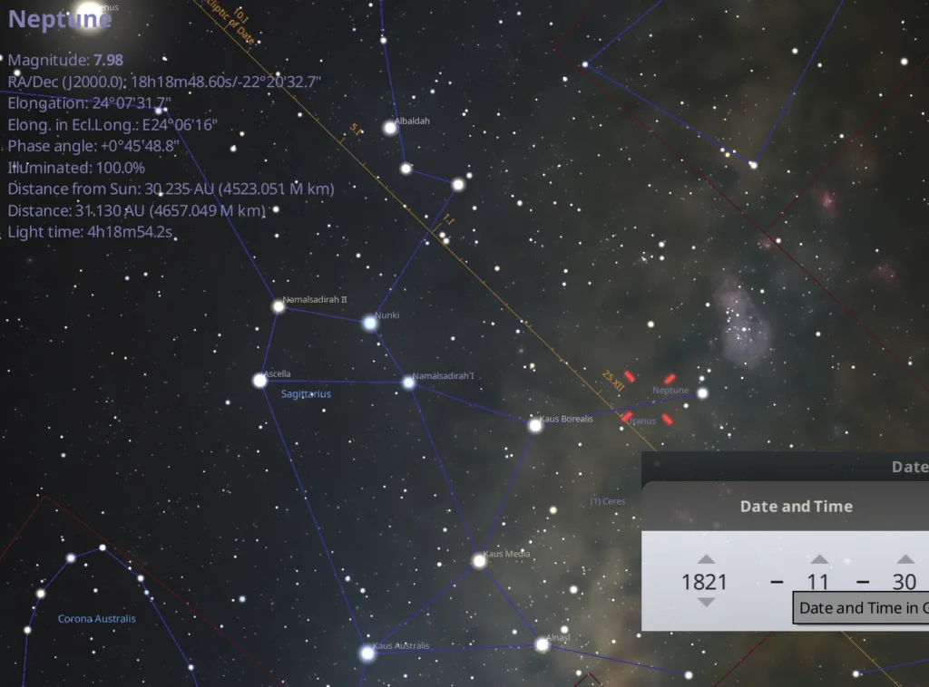 Uranus versus Neptune in 1821. Credit: Stellarium.