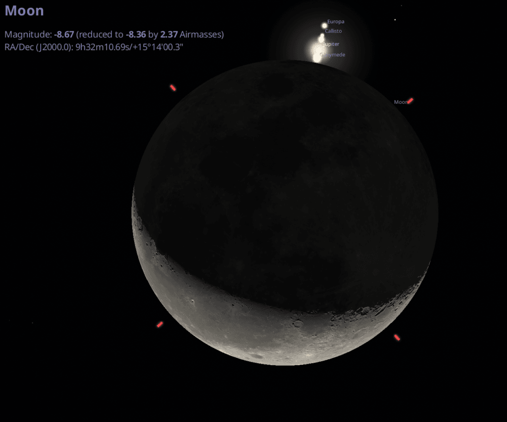 The reappearance of Jupiter from behind the Moon on October 6th. Credit: Stellarium.