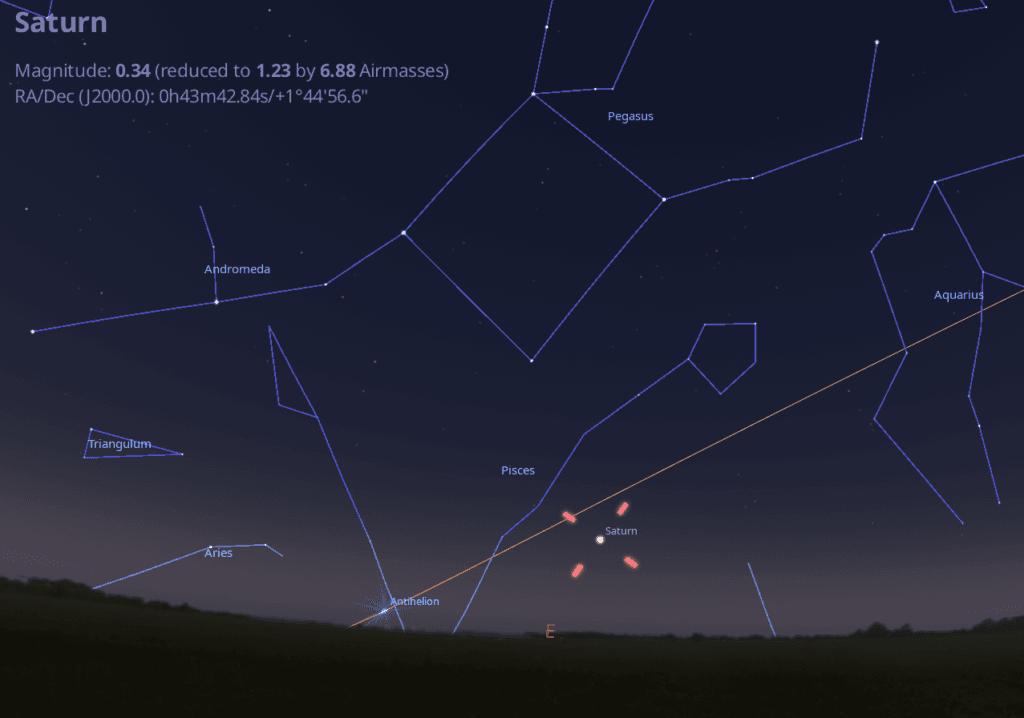 Saturn rising at opposition 2026. Credit: Stellarium.