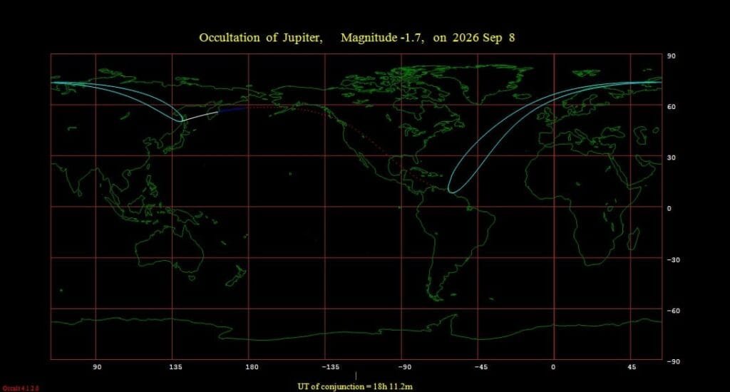 The visibility footprint for the September 8th occultation of Jupiter by the Moon. Note that solid lines show where the event occurs under dark skies, blue under twilight, and broken under daytime skies. Credit: Occult 4.2.