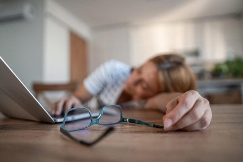 Tired Stressed Young Woman Sleeping Laptop