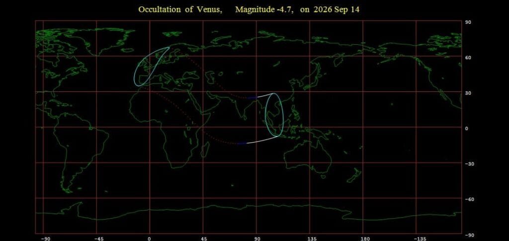 The occultation footprint for the September 14th occultation of Venus by the Moon. Credit: Occult 4.2.
