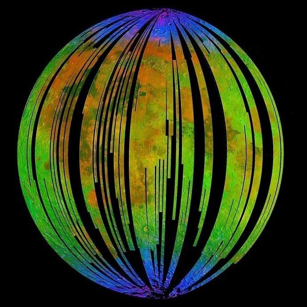 This mineral mapping of the Moon also shows the distribution of water ice in blue at the lunar poles. Image Credit: NASA
