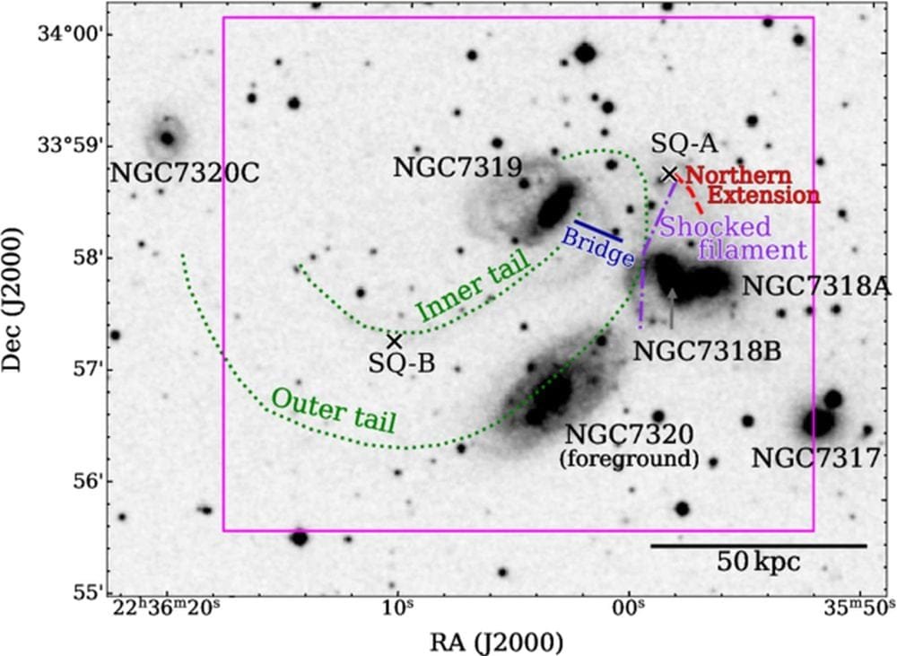 The overall image is from the Digital Sky Survey 2, and the magenta box shows the region observed with the Atacama Compact Array. The CO mapping of the region shows that there's little gas inside the member galaxies. "A large amount of H i gas is distributed outside the galaxies, forming prominent tidal tails extending eastward from NGC 7319," the authors explain. Image Credit: Yamamoto et al. 2026. ApJ