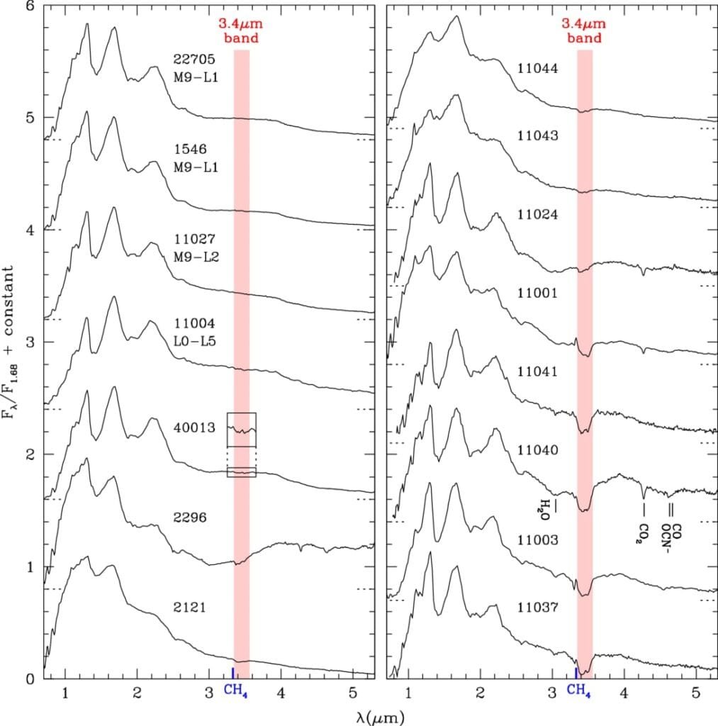 This figure shows spectra for brown dwarfs in IC 348. The first four lack the hydrocarbon feauture at 3.4 μm. The feature is evident in the rest, helping confirm a new class of brown dwarf. Image Credit: K. Luhman, C. Alves De Oliveira, 2026. ApJL