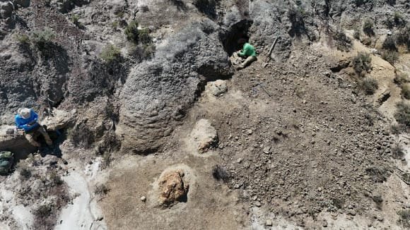 The Tyrannosaurus rex trackway in the Hell Creek Formation in North Dakota, the United States. Image credit: Kent Hups.