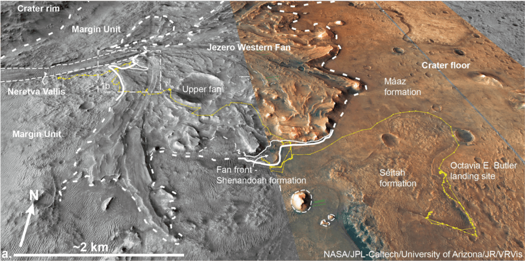 Diagram of the Jezero Crater, showing where the Perseverance rover has traversed to search for ancient biosignatures. Credit: NASA/JPL-Caltech/University of Arizona/JR/VRVis