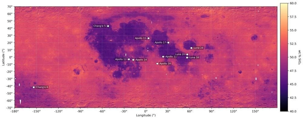This is the first global map of the SiO2 content on the lunar surface. White dots mark landing sites where the Apollo, Luna, and Chang’e missions brought lunar samples back to Earth. The samples made it possible to verify the accuracy of the map. Image Credit: Renggli et al. 2026. Planetary Research