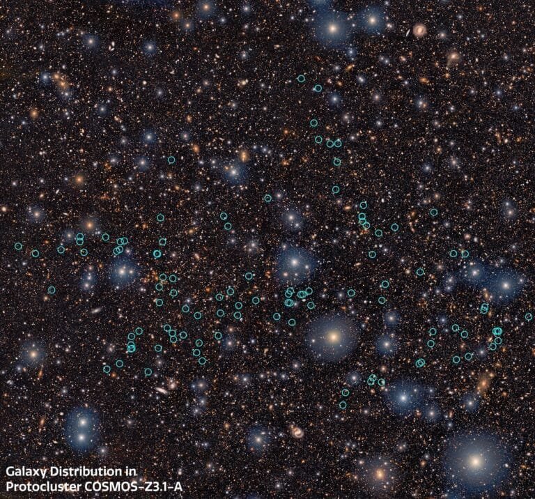 Astrônomos descobrem proto-superaglomerado COSMOS-z3.1-A
