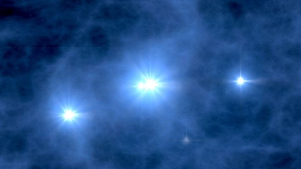 This artist's illustration shows several Population III stars as they may have appeared, which are all far more massive and far more bright than our Sun. Credit: NASA/WMAP Science Team
