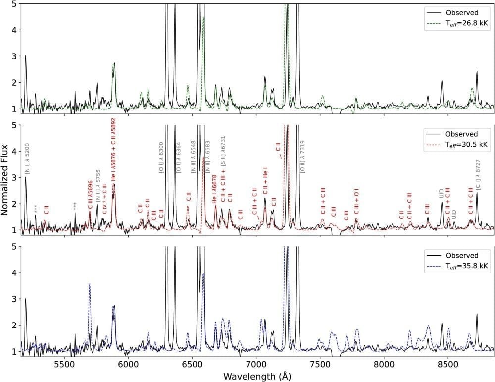 In these panels, the black solid line represents the VLT/FORS2 spectrum of Sakurai's object. The green, red, and blue dotted lines show different synthetic Wolf-Rayet spectra with different temperatures. "Our fits rule out temperatures above 36 kK and below 27 kK. Our best model is depicted in the middle panel," the authors write. They also point out that doubly-ionized carbon (CIII) is stronger at higher temperatures. Image Credit: Marcolino et al. 2026. MNRAS.