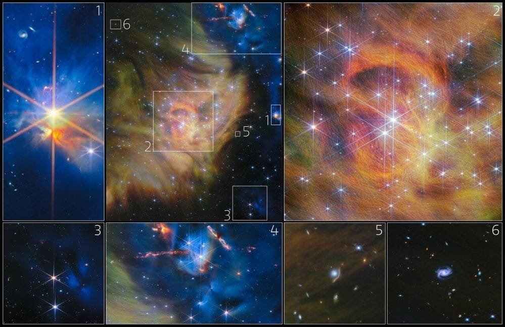 There's more to this than a new class of brown dwarfs. Since it's the JWST, it also treated us to stunning new images. The images show things like stars inside a nebula (1), the central star cluster (2), stars and faint outflows (3), Herbig-Haro objects (4), gravitational lensing (5) and background spiral galaxies (6). Image Credit: ESA/Webb, NASA, CSA, K. Luhman, C. Alves De Oliveira, M. Zamani (ESA/Webb)