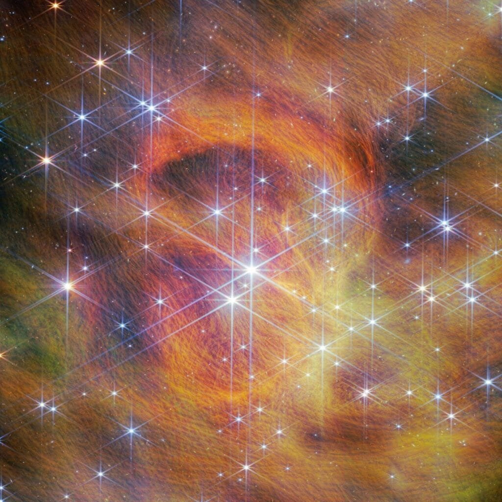 This JWST image highlights the central part of the IC 348 cluster. Wisps of gas and dust are lit up by the young stars in a reflection nebula. Image Credit: ESA/Webb, NASA, CSA, K. Luhman, C. Alves De Oliveira, M. Zamani (ESA/Webb)