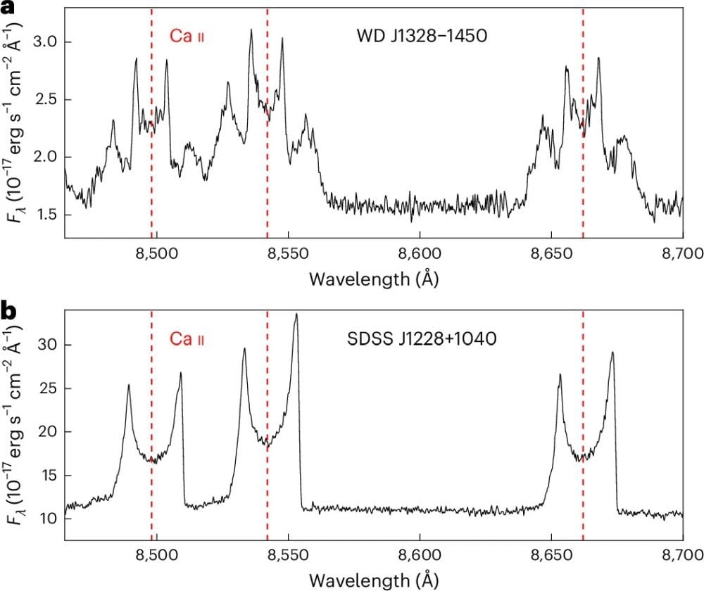 The top panel shows the quadruple-peaked line profile for WD J132800.85–145019.95, the subject in this research. The bottom panel shows the double-peaked line profile for SDSS J1228+1040, which is considered the prototypical white dwarf with a gas disk. "The morphology of the emission lines in WD J1328–1450 indicates the presence of two concentric discs around this white dwarf," the authors write. Image Credit: Gentile Fusillo, N.P., Lagos-Vilches, F., Gänsicke, B.T. et al. A double debris disc around a white dwarf sculpted by two planetary bodies. Nat Astron (2026). https://doi.org/10.1038/s41550-026-03004-3