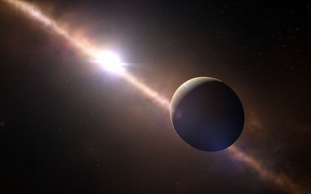 This artist's illustration shows Beta Pictoris b, one of the most deeply-studied exoplanets. It was one of the first directly-imaged exoplanets, and orbits a young star that's also well-known because of its debris disk, shown in the illustration. Image Credit: By ESO, CC BY 4.0, https://commons.wikimedia.org/w/index.php?curid=32625365