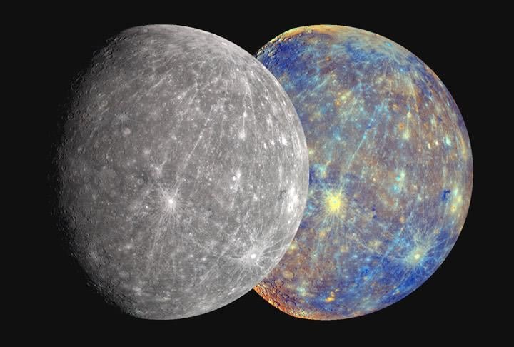 NASA’s MESSENGER (MErcury Surface, Space ENvironment, GEochemistry, and Ranging) spacecraft captured the image at left, an approximation of Mercury’s true color as might be seen by the human eye, on Oct. 6, 2008. The exaggerated color view at right uses all 11 filters in the visible and near-infrared, to highlight subtle color differences and aid geologists in mapping regions of different composition. The nature of color boundaries, color trends, and brightness values help MESSENGER geologists understand the discrete regions (or “units”) on the surface. Credit: NASA/Johns Hopkins University Applied Physics Laboratory/Carnegie Institution of Washington