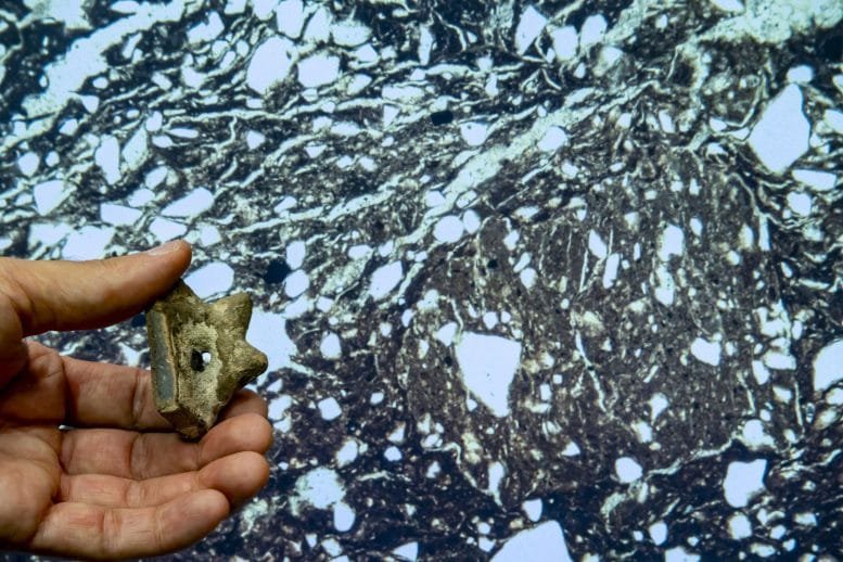 Pottery Fragment With Petrographic Analysis in Background