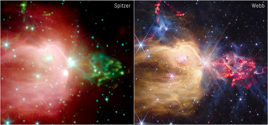 Images of NGC 7129 taken by NASA's retired Spitzer Space Telescope and the NASA/ESA/CSA JWST. Webb's improved resolution shows more detailed gas and dust filaments, along with many background galaxies. Credit: NASA/ESA/CSA/STScI/NASA-JPL/Alyssa Pagan (STScI)