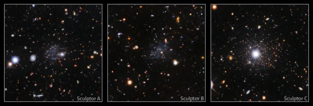 These panels show three of the Milky Way's ultra-faint dwarf galaxies. Such galaxies are important probes for conditions in the early Universe, even though they (like the Shapiro galaxies) exist in the more "recent" Universe. Image Credit: DECaLS/DESI Legacy Imaging Surveys/LBNL/DOE & KPNO/CTIO/NOIRLab/NSF/AURA
