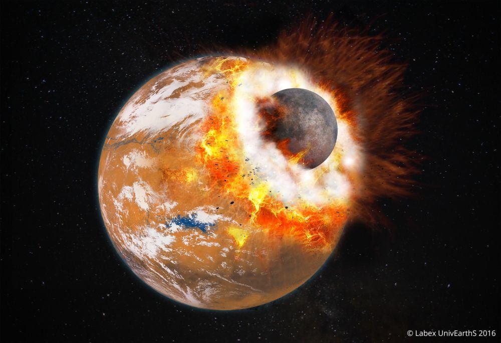 This artist's illustration shows a body about one-third the size of Mars slamming into the planet. The collision could've created a debris ring, out of which Phobos and Deimos formed. Image Credit: Paris Diderot / Labex UnivEarthS