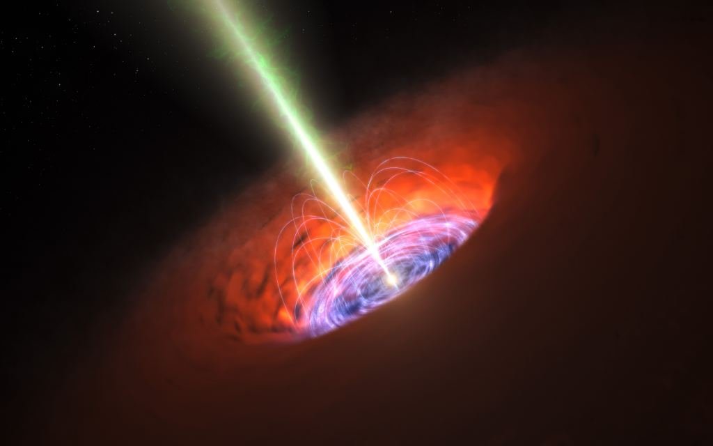 Artist view of an active supermassive black hole and its powerful jets. Image Credit: ESO/L. Calçada