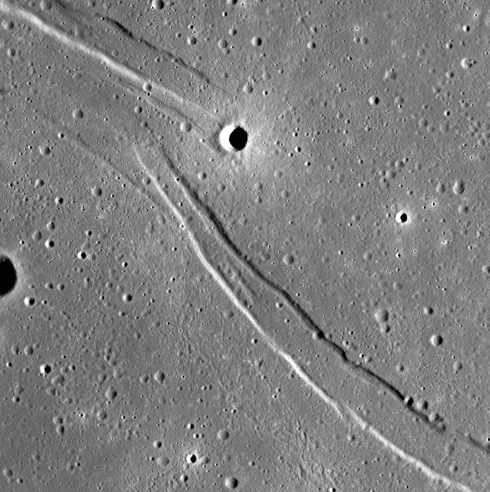 This is the Rima Cauchy straight rille in the Moon's Sea of Tranquility (Mare Tranquillitatis) region. It's about 170 km long, and is an example of the type of feature generated when the Moon still experienced heating from radioactive decay. Image Credit: NASA/GSFC/Arizona State University