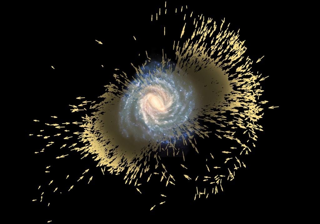 Gaia-Enceladus in a simulation of a galactic merger with the Milky Way matching Gaia data. Credit: ESA (artist's impression and composition); Koppelman, Villalobos and Helmi (simulation)