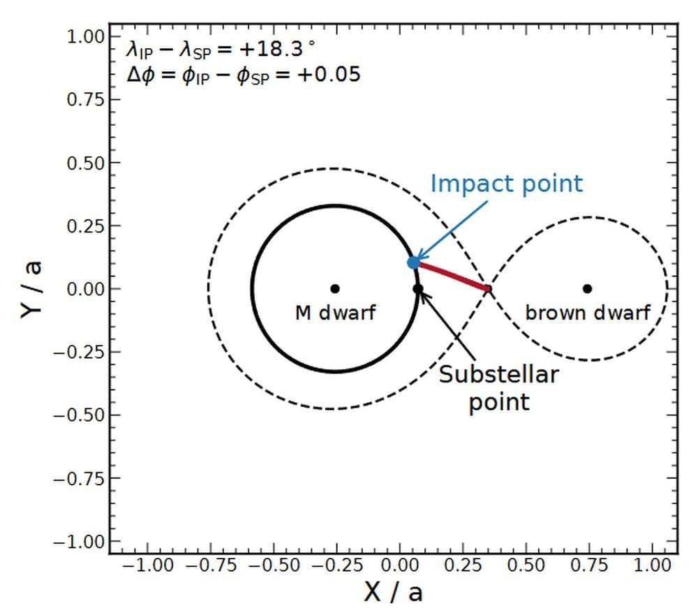 In this figure, the black points mark the centers of mass of the two components and the solid black circle shows the surface of the accretor. The red line shows particles from the donor brown dwarf moving onto the M dwarf. Rather than forming an accretion disk, the material accretes directly onto the M dwarf, forming a hot spot. Image Credit: Householder et al. 2026. Nat Astr.