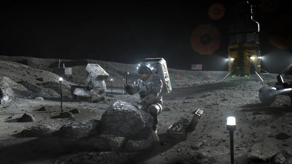 Artist's impression of Artemis astronauts performing extra-vehicular activity (EVA) on the lunar surface. Credit: NASA