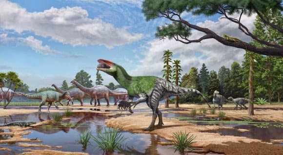 Artists’ rendition of Invictibellatrix amberina with contemporary fauna in the lower part of the Wessex Formation. Image credit: Sergey Krasovskiy / Pedro Salas.