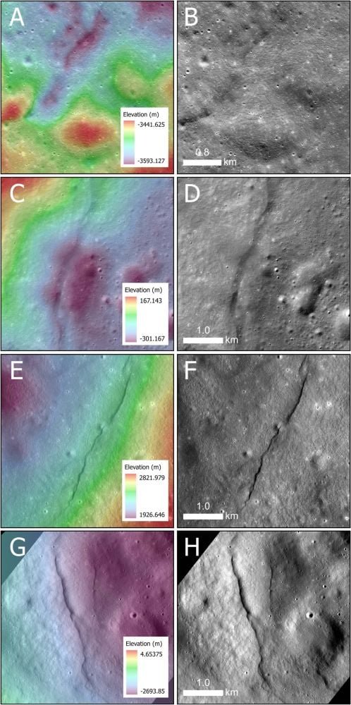 These panels show four of the Moon's lobate thrust fault scarps in the lunar highlands. For A through F, the column on the left contains NAC Stereo Digital Terrain Models showing elevations, and the column on the left is simple NAC images. From top to bottom, the figure shows the Pitiscus scarp, the Fowler scarp, the Morozov scarp, and the Mouchez scarp. For the Mouchez scarp, G is a ShadowCam DTM and H is a ShadowCam image. Image Credit: Watters et al. 2026. PSJ.