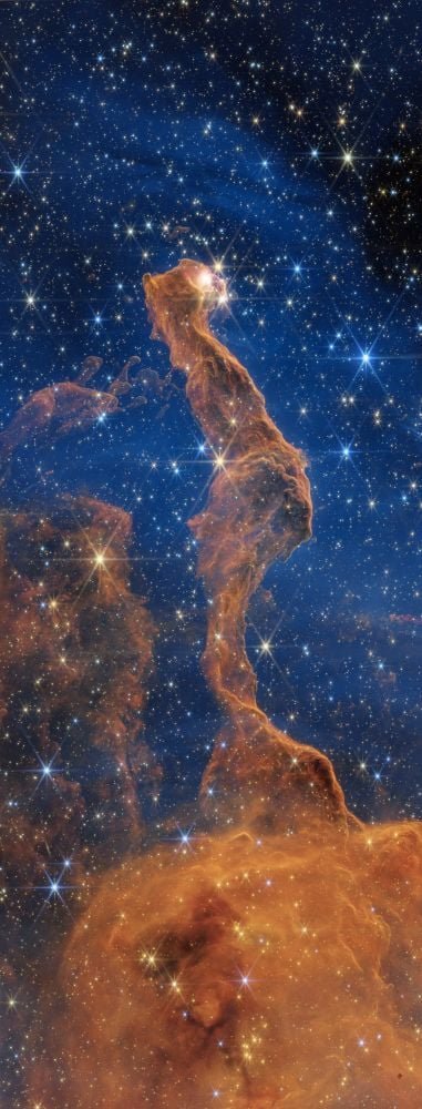 The JWST's near-infrared image doesn't show different chemical elements the same way the Hubble image does. Instead, it shows more of the stars themselves. Even background galaxies are visible beyond the Cat's Head, along with the black background of space. The JWST also shows how massive stars are shaping the region, with the wispy filaments on the images left side. Image Credit: NASA, ESA, CSA, STScI. Image Processing: J. Depasquale (STScI)